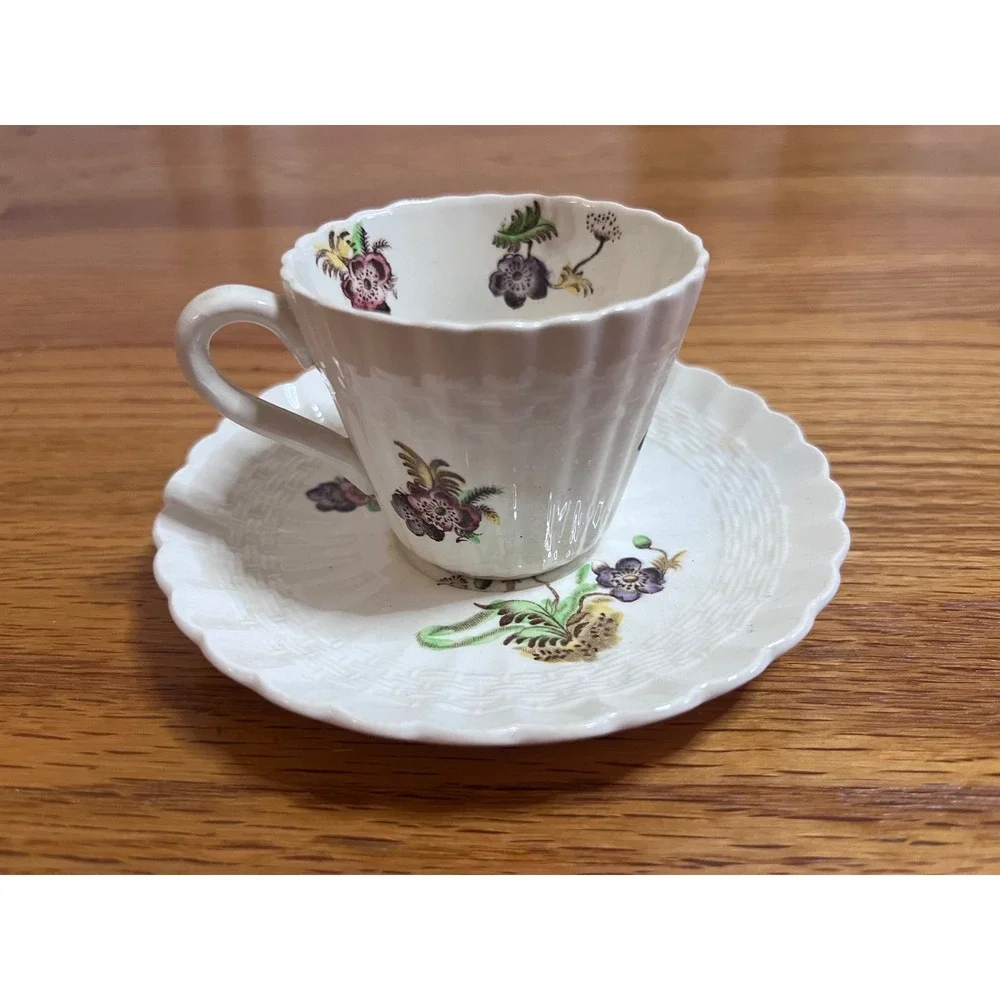Antique Spode Copeland Wicker Lane Teacup/ Saucer Set Floral Basketweave England